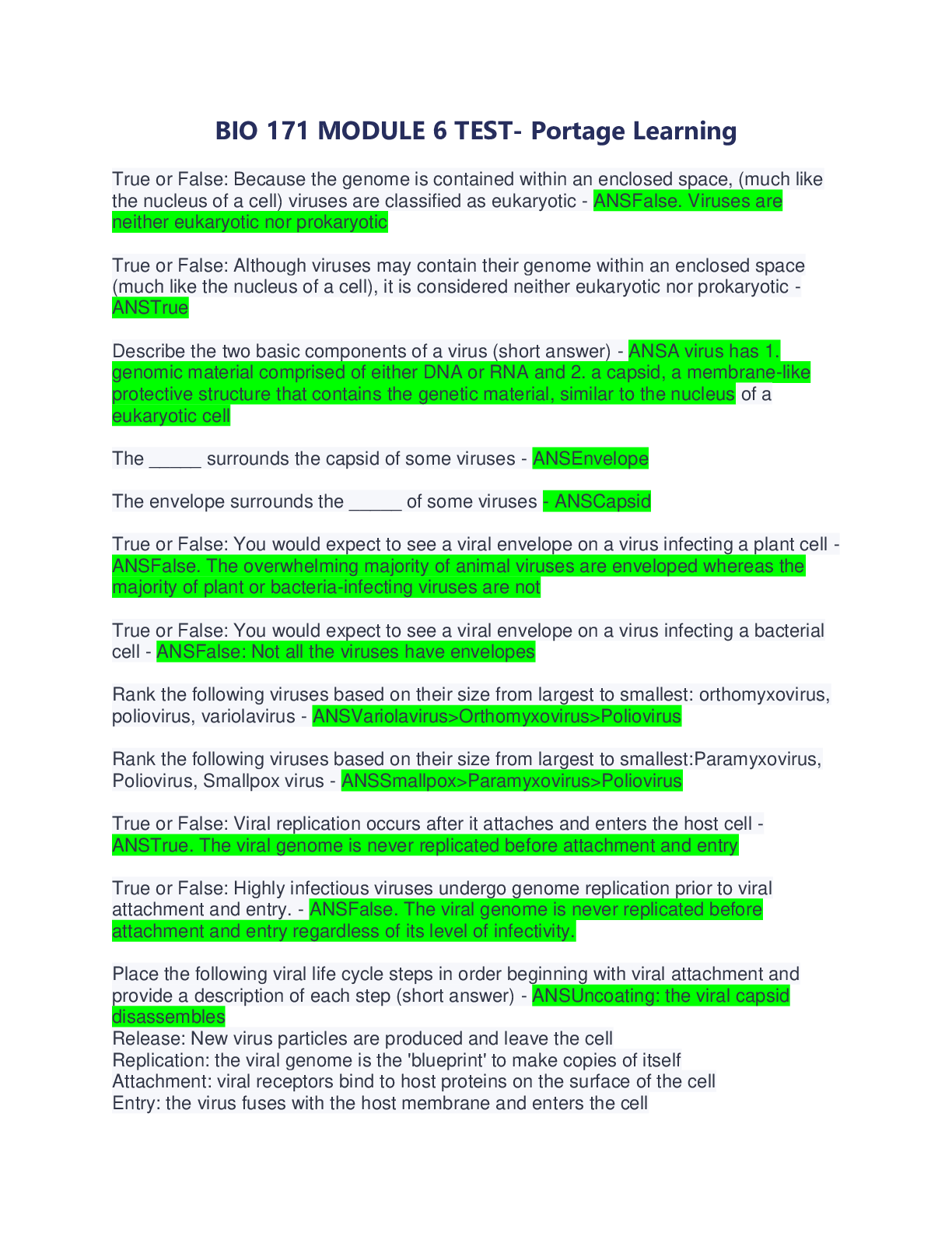 Preview image for BIO 171 MODULE 6 TEST- Portage Learning